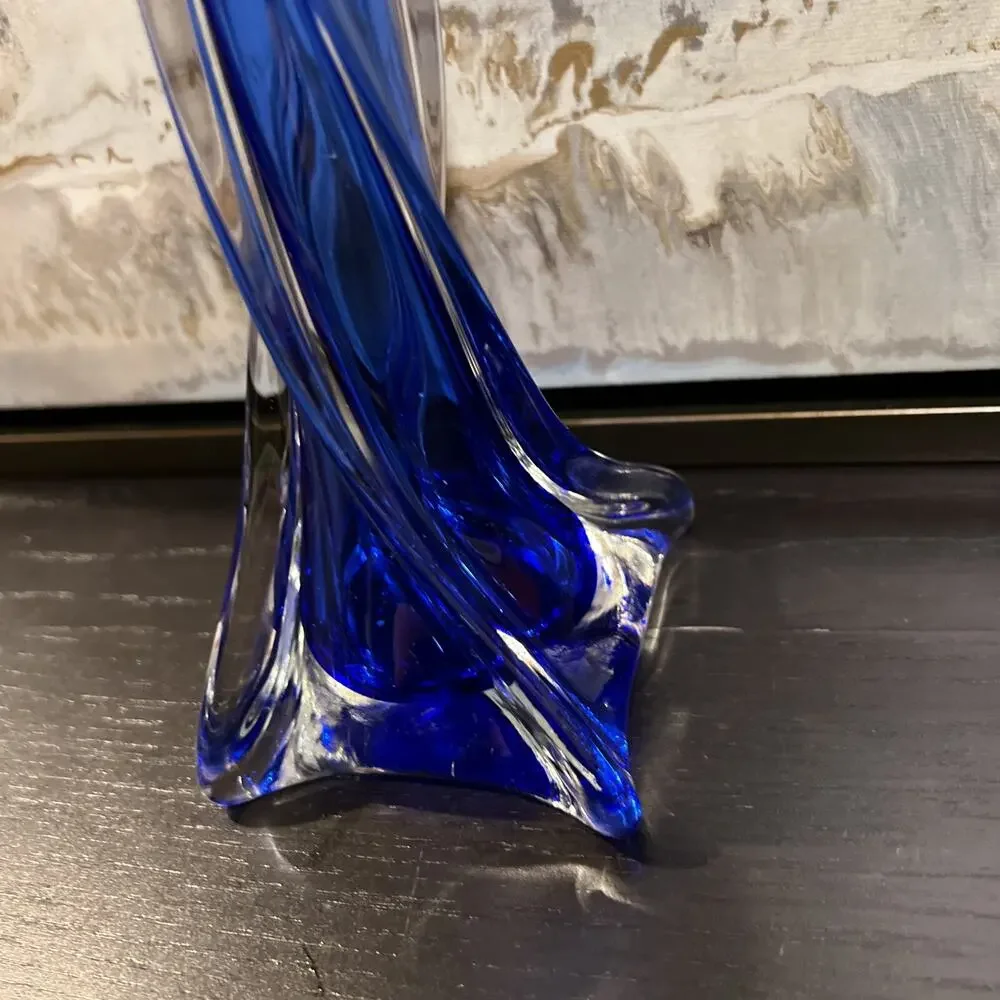 Vintage Cobalt Blue Glass Tall Vase 13.5”